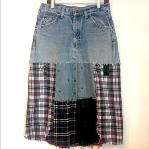 Upcycled wrangler denim and plaid flannel pieced skirt